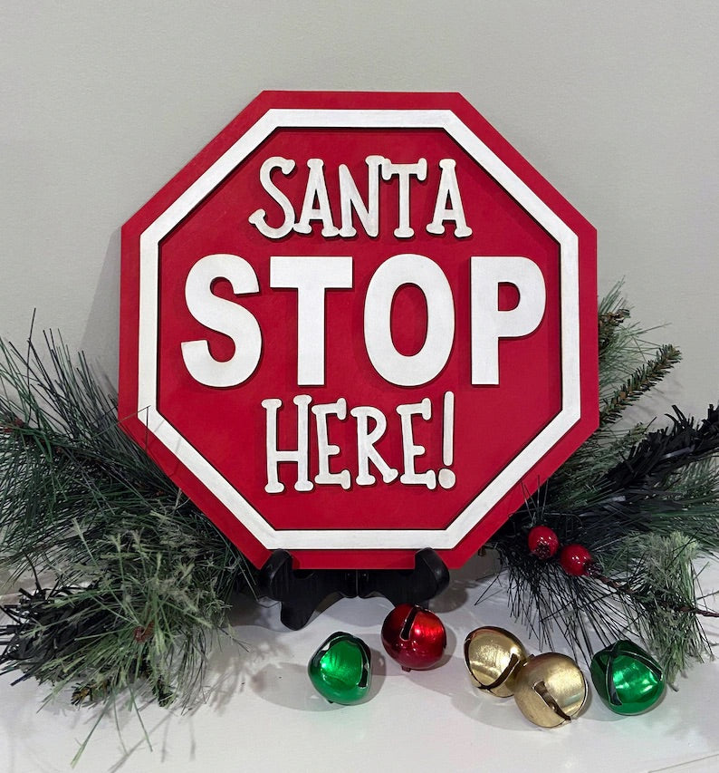 Santa Stop Here Round Wood Door Hanger • Christmas Door Hanger