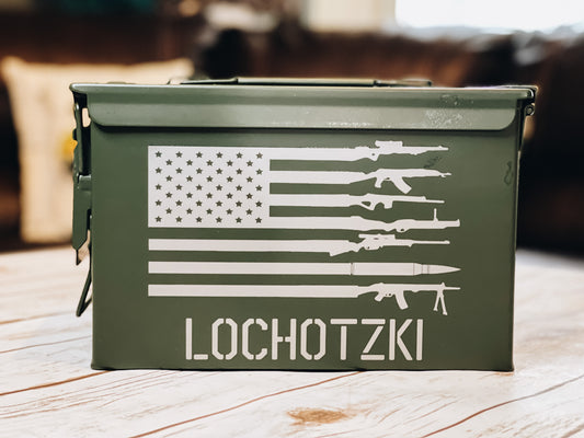 Personalized Ammo Can - American Flag with guns