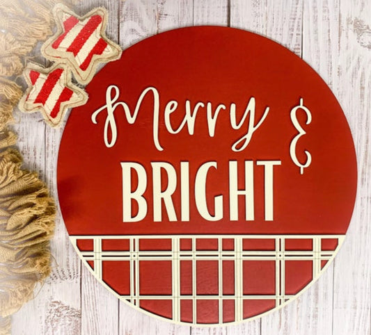 Merry and Bright Plaid Wood Door Hanger • Christmas Round Door Hanger • Christmas Craft Kit